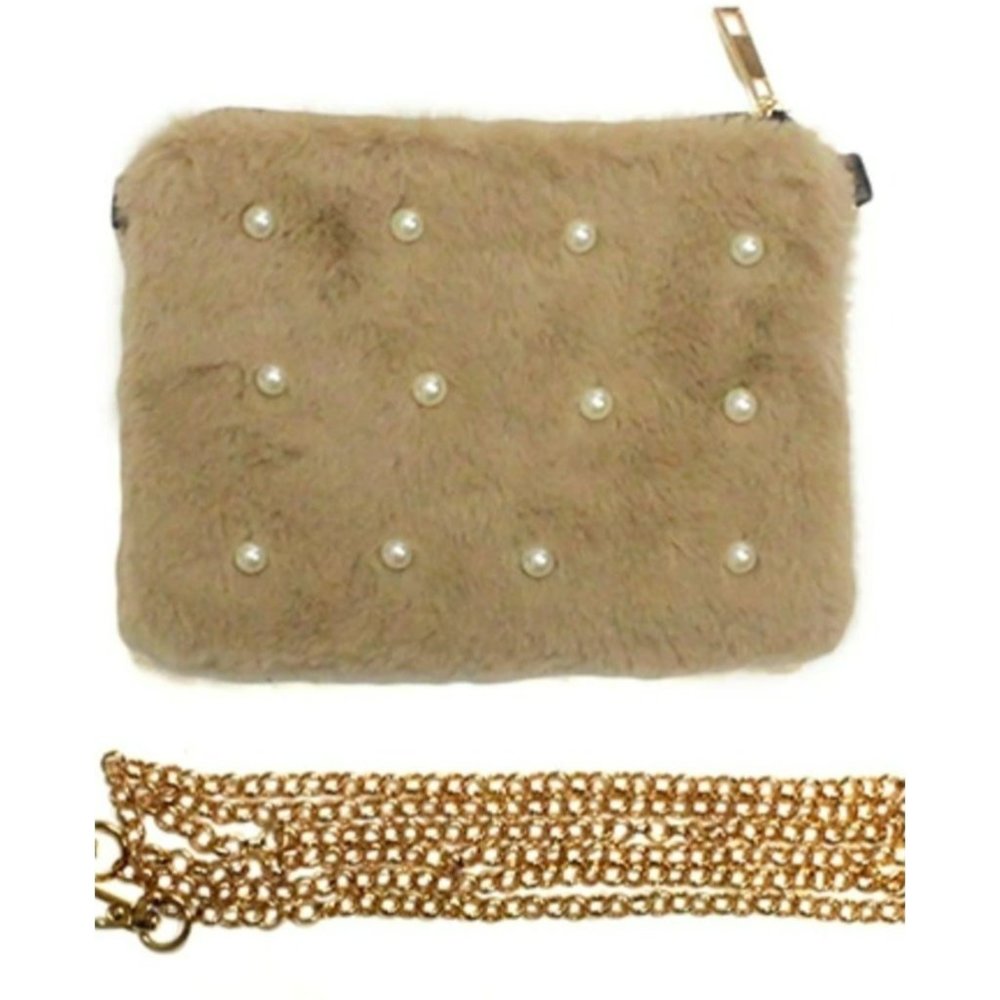 Jennifer and Company Faux Fur Pearl Embellished Convertible Crossbody Beige NWT
